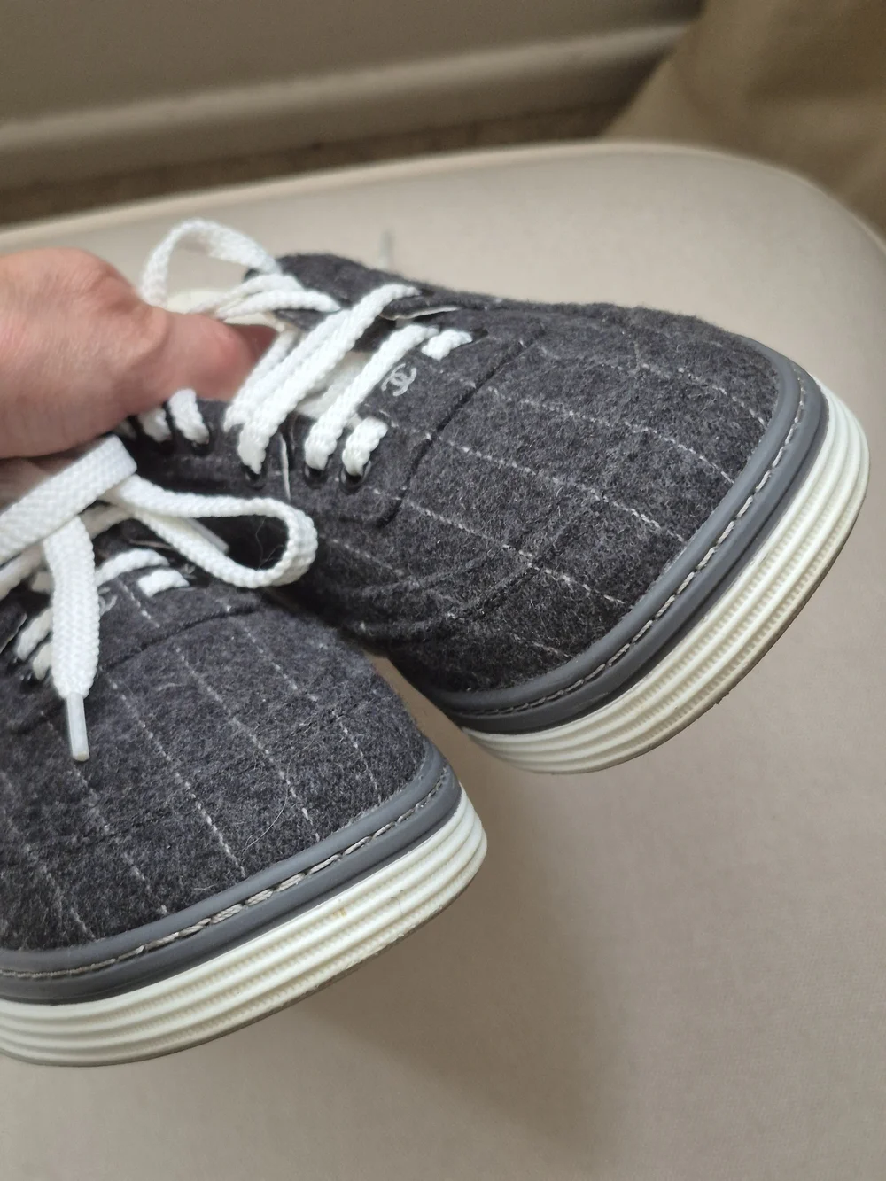 Chanel Men's Gray Pinstripe Low-Top Sneakers
